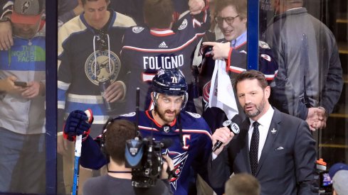 Nick Foligno talks to Jody Shelley after the Blue Jackets' Game 4 win over the Tampa Bay Lightning. 