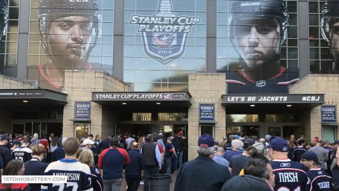 Fans stream into Nationwide Arena for Game 4 of the Blue Jackets' first round series with the Tampa Bay Lightning.