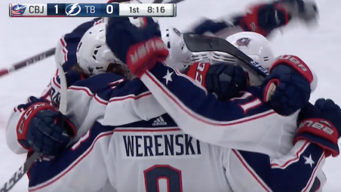 The Columbus Blue Jackets celebrate a first period power play goal by defenseman Zach Werenski in Game 2 against the Tampa Bay Lightning.