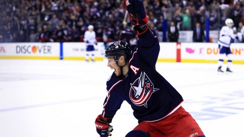 Cam Atkinson celebrates after scoring a goal against the Tampa Bay Lightning in the 2019 Stanley Cup Playoffs at Nationwide Arena