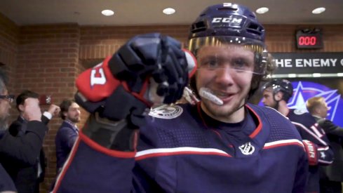 Artemi Panarin celebrates after the Blue Jackets win their first playoff series in franchise history