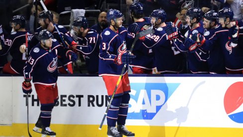 Seth Jones celebrates a goal in the playoffs.