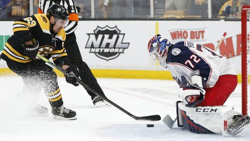 Sergei Bobrovsky shuts down Brad Marchand, one of many big saves on the night for the goalie.