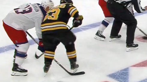 Brad Marchand breaking Cam Atkinson's stick