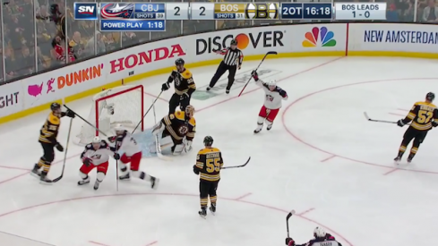 Columbus Blue Jackets forward Matt Duchene scores the game-winning goal against the Boston Bruins.