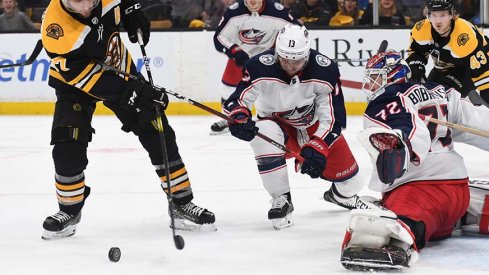 Cam Atkinson and Sergei Bobrovsky teamed up to rob Patrice Bergeron in Game 2.