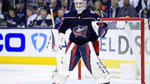 Columbus Blue Jackets goaltender Sergei Bobrovsky prepares to face a shot in the first round of the Stanley Cup Playoffs at Nationwide Arena.