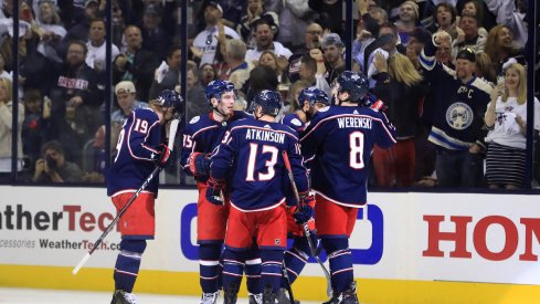 The Columbus Blue Jackets celebrate a power play goal by Oliver Bjorkstrand in the Stanley Cup Playoffs at Nationwide Arena.