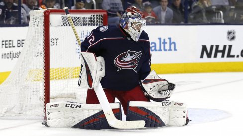 Apr 30, 2019; Columbus, OH, USA; Columbus Blue Jackets goaltender Sergei Bobrovsky (72) makes a glove save in net against the Boston Bruins in the second period during game three of the second round of the 2019 Stanley Cup Playoffs at Nationwide Arena.