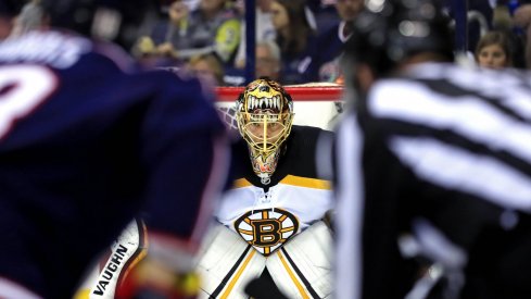 Boston Bruins goaltender Tuukka Rask (40) awaits the face-off against the Columbus Blue Jackets in the first period during game four of the second round of the 2019 Stanley Cup Playoffs at Nationwide Arena.