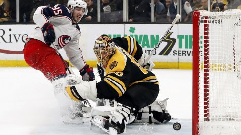 Matt Duchene hits the post against Boston Bruins goaltender Tuukka Rask in Game 5 at TD Garden.