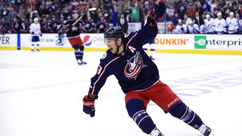 Columbus Blue Jackets forward Cam Atkinson scores into the empty net during the first round of the Stanley Cup Playoffs at Nationwide Arena.