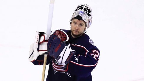 Sergei Bobrovsky acknowledges fans following his team's loss to the Boston Bruins Monday night.