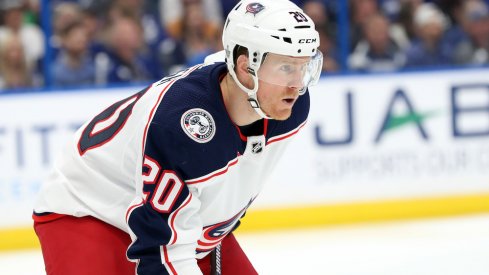 Columbus Blue Jackets center Riley Nash lines up for a face-off during Game 1 of the Stanley Cup Playoffs.