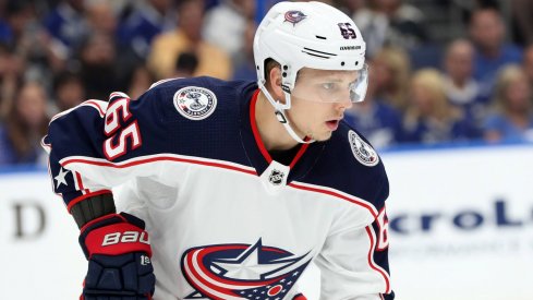 Columbus Blue Jackets defenseman Markus Nutivaara (65) during the first period of game two of the first round of the 2019 Stanley Cup Playoffs at Amalie Arena.