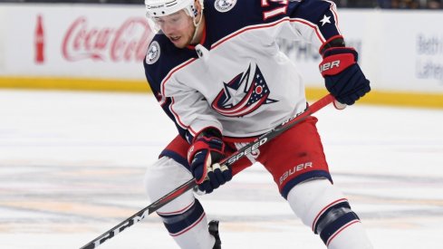 Columbus Blue Jackets forward Cam Atkinson skates with the puck against the St. Louis Blues at Nationwide Arena.