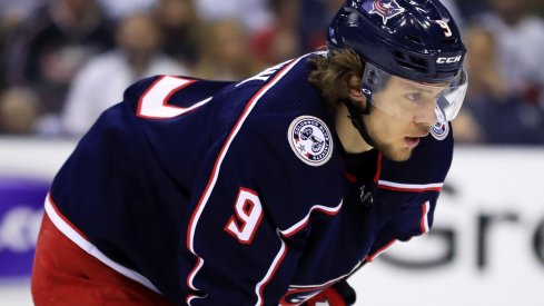 Apr 16, 2019; Columbus, OH, USA; Columbus Blue Jackets left wing Artemi Panarin (9) against the Tampa Bay Lightning in game four of the first round of the 2019 Stanley Cup Playoffs at Nationwide Arena.