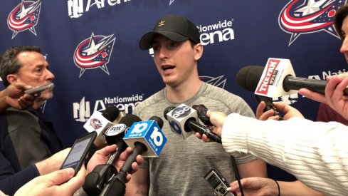 Columbus Blue Jackets forward Matt Duchene answers questions during his 2019 exit interview.