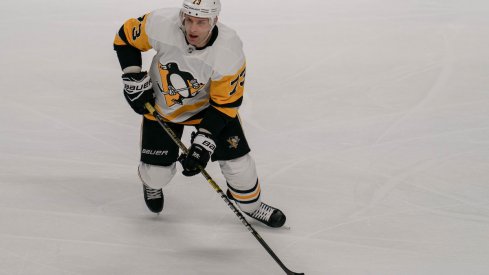 Pittsburgh Penguins defenseman Jack Johnson moves the puck against the Tampa Bay Lightning at Amalie Arena.