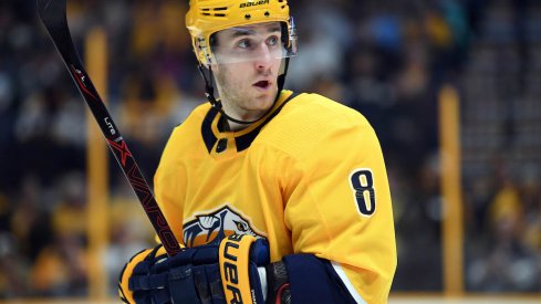 Nashville Predators center Kyle Turris prepares for a face-off during a game at Bridgestone Arena.