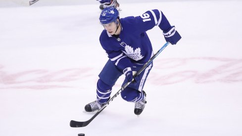 Toronto Maple Leafs right wing Mitchell Marner (16) skates with the puck in the first period against the Boston Bruins in game three of the first round of the 2019 Stanley Cup Playoffs at Scotiabank Arena. The Maple Leafs beat the Bruins 3-2.