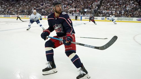 Brandon Dubinsky reads the play against the Tampa Bay Lightning during Game 3 of the Stanley Cup Playoffs at Nationwide Arena.