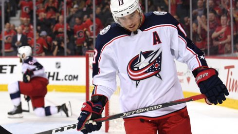 Blue Jackets forward Cam Atkinson reacts after Calgary scores an empty-net goal at the Scotiabank Saddledome