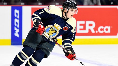 Tyler Angle skates up the ice for the Windsor Spitfires.