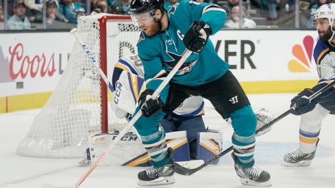 San Jose Sharks center Joe Pavelski (8) controls the puck against the St. Louis Blues during the second period in Game 5 of the Western Conference Final of the 2019 Stanley Cup Playoffs at SAP Center at San Jose. 