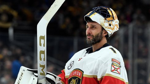 Mar 30, 2019; Boston, MA, USA; Florida Panthers goaltender Roberto Luongo (1) skates during a time out in the third period against the Boston Bruins at the TD Garden.
