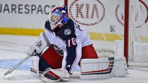 Columbus Blue Jackets goaltender Joonas Korpisalo secures the puck during a game against the New York Rangers at Madison Square Garden in December of 2018.