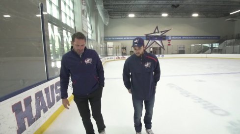 Jody Shelley skates around the Ice Haus with Blue Jackets forward Emil Bemstrom