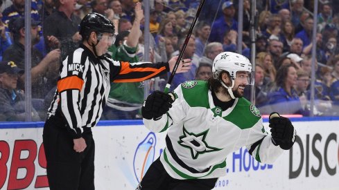 Dallas Stars center Mats Zuccarello (36) celebrates after scoring against St. Louis Blues goaltender Jordan Binnington (not pictured) during the first period in game seven of the second round of the 2019 Stanley Cup Playoffs at Enterprise Center. 