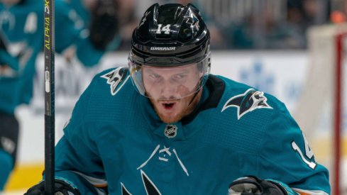 San Jose Sharks forward Gustav Nyquist celebrates after scoring a goal in the first game of the second round of the 2019 Stanley Cup Playoffs against the Colorado Avalanche
