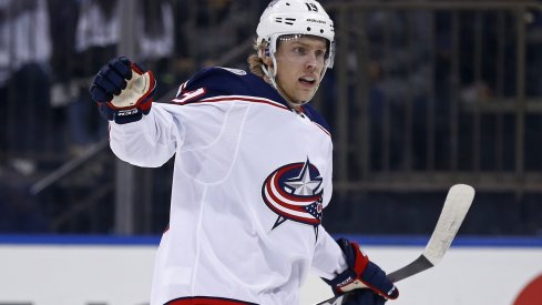 Columbus Blue Jackets center Ryan Dzingel (19) celebrates after scoring a goal against the New York Rangers during the third period at Madison Square Garden