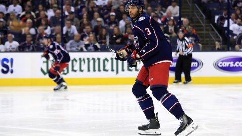 Seth Jones skates in game four of the first round of the 2019 Stanley Cup Playoffs at Nationwide Arena