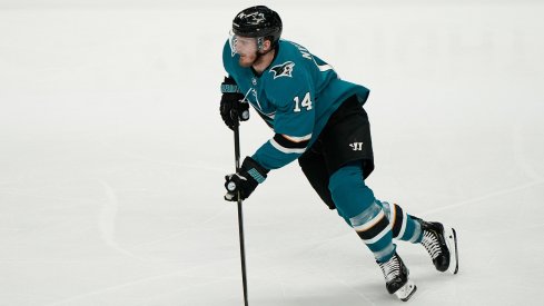 May 19, 2019; San Jose, CA, USA; San Jose Sharks center Gustav Nyquist (14) controls the puck against the St. Louis Blues during the first period in Game 5 of the Western Conference Final of the 2019 Stanley Cup Playoffs at SAP Center at San Jose.