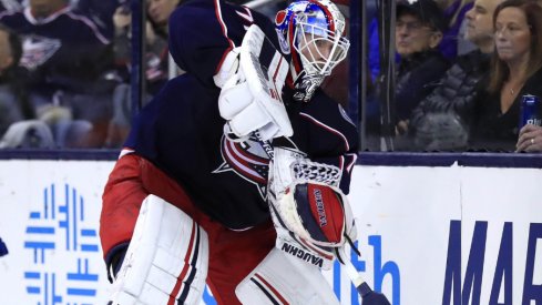 Columbus Blue Jackets Joonas Korpisalo prepares to pass the puck at Nationwide Arena against the Tampa Bay Lightning during the regular season in February of 2018.