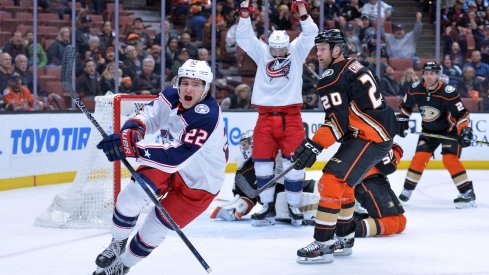 Columbus Blue Jackets left wing Sonny Milano (22) celebrates after scoring a first period goal against the Anaheim Ducks at Honda Center.