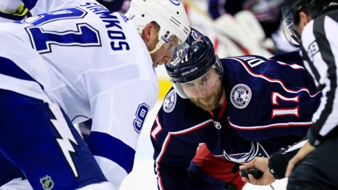 Apr 16, 2019; Columbus, OH, USA; Tampa Bay Lightning center Steven Stamkos (91) battles against Columbus Blue Jackets center Brandon Dubinsky (17) during game four of the first round of the 2019 Stanley Cup Playoffs at Nationwide Arena.