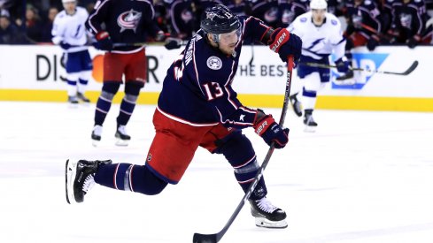 Apr 14, 2019; Columbus, OH, USA; Columbus Blue Jackets right wing Cam Atkinson (13) scores a goal on an empty net against the Tampa Bay Lightning during the third period in game three of the first round of the 2019 Stanley Cup Playoffs at Nationwide Arena.