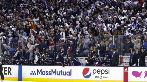 The fans at Nationwide Arena show their support for the Columbus Blue Jackets during game three of their second-round matchup against the Boston Bruins in the 2019 Stanley Cup Playoffs.