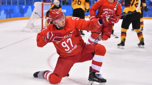 Russian forward Nikita Gusev celebrates a goal scored against Germany in the 2018 Olympic Winter Games.