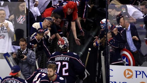  Columbus Blue Jackets goaltender Sergei Bobrovsky (72) acknowledges fans as he leaves the ice after being defeated by the Boston Bruins in game six of the second round of the 2019 Stanley Cup Playoffs at Nationwide Arena.
