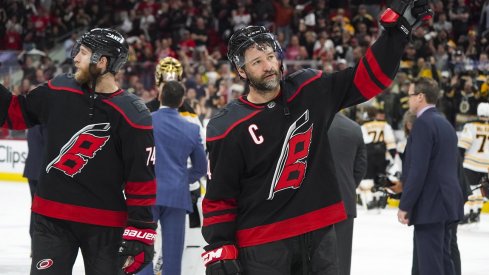 Carolina Hurricanes right wing Justin Williams (14) waves to the crowd after their loss to the Boston Bruins in game four of the Eastern Conference Final of the 2019 Stanley Cup Playoffs at PNC Arena. The Boston Bruins defeated the Carolina Hurricanes 4-0. 