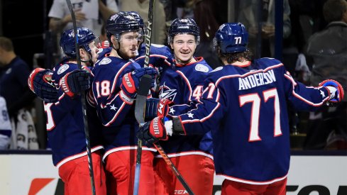 Apr 16, 2019; Columbus, OH, USA; Columbus Blue Jackets center Alexandre Texier (middle right) against the Tampa Bay Lightning in game four of the first round of the 2019 Stanley Cup Playoffs at Nationwide Arena.