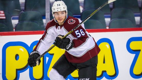 Nov 1, 2018; Calgary, Alberta, CAN; Colorado Avalanche center Marko Dano (56) skates against the Calgary Flames during the warmup period at Scotiabank Saddledome. 