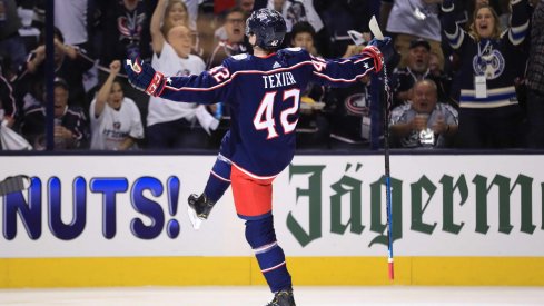 Apr 16, 2019; Columbus, OH, USA; Columbus Blue Jackets center Alexandre Texier (42) celebrates scoring a goal against the Tampa Bay Lightning in the first period during game four of the first round of the 2019 Stanley Cup Playoffs at Nationwide Arena.