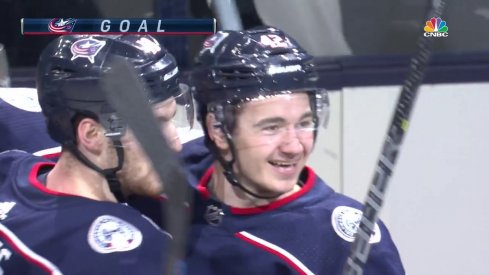 Alexandre Texier celebrates a goal with Pierre-Luc Dubois