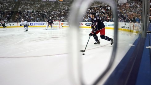 Columbus Blue Jackets defenseman Zach Werenski (8) against the Tampa Bay Lightning in game four of the first round of the 2019 Stanley Cup Playoffs at Nationwide Arena. 